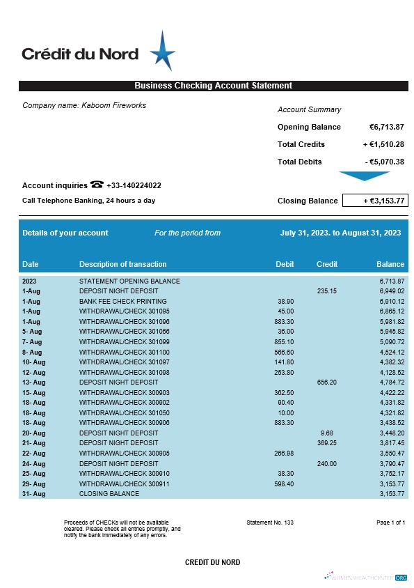 Download Crédit du Nord enterprise account statement Word and PDF template Photoshop template